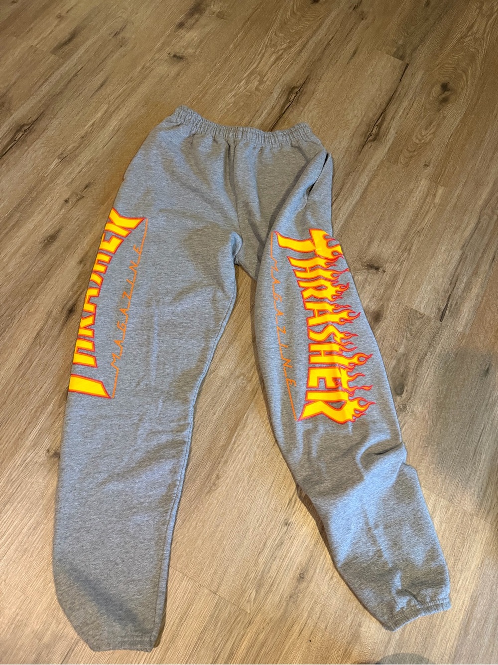 Thrasher Gray Sweatpants with Orange and Yellow Flame Logo